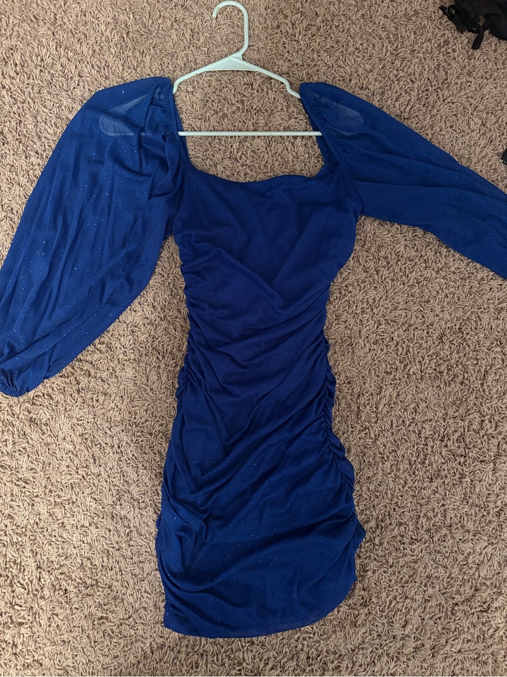 B Darlin Sparkle Royal Blue Ruched Puff-Sleeve Mini Dress
